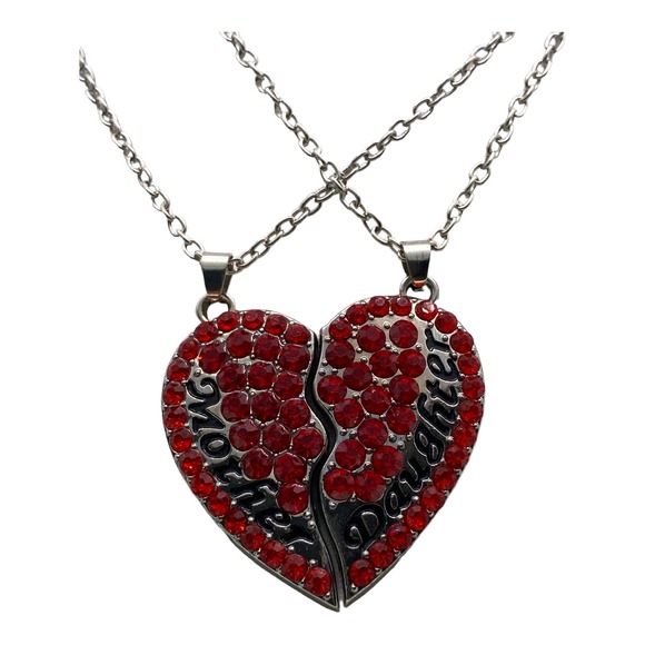 2 Piece Imitation Red Ruby Mother Daughter Heart Necklace Set Gift Box - Picture 2 of 6